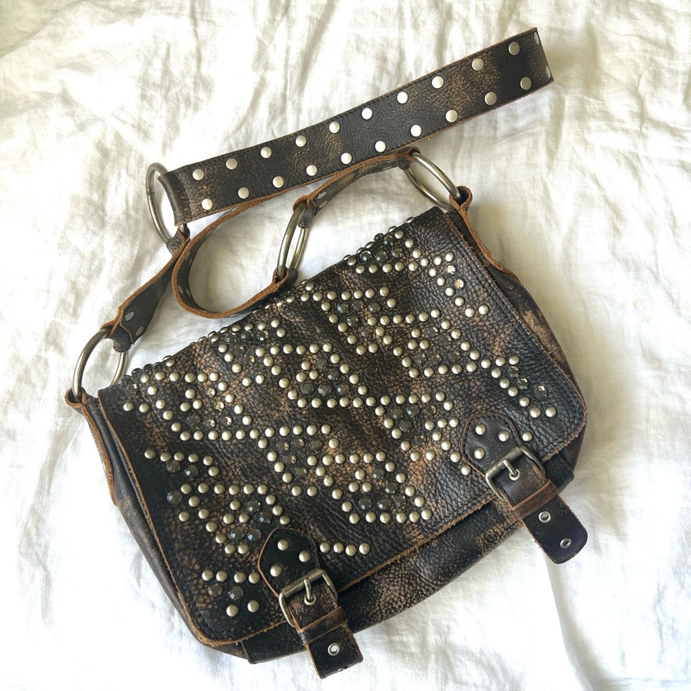 Betsy Johnson Studded Brown Distressed Leather Crossbody Bag